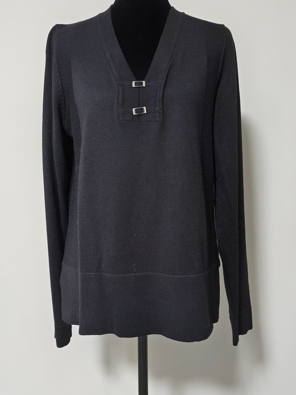 Women's Black V-Neck Sweater with Buckle Detail